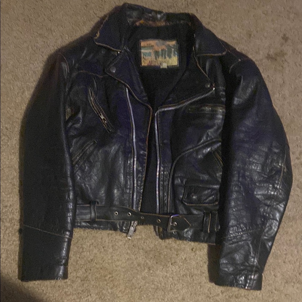 Vintage Leather Jacket Embossed Eagle Black Biker Bomber Long Beach Coat Works